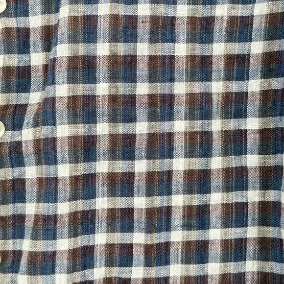 Cigar Couture Mens Medium Plaid Linen Button-Up Shirt Brown Blue Beige - Picture 2 of 8